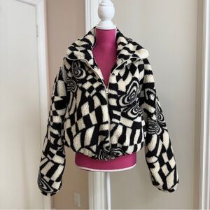 Urban Outfitters Olivia Print Sherpa Jacket Butterfly Check Pattern Blk White S
